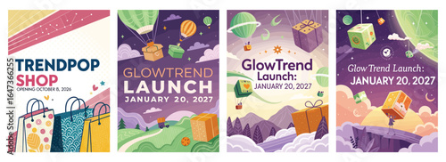 Colorful and playful promotional graphics for 'GlowTrend Launch' on January 20, 2027, with whimsical elements.
