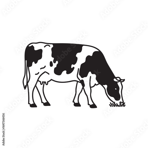 Black and white illustration of a cow with black spots grazing on grass cattle animal