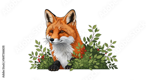 charming fox peeking through festive berries and greenery perfect for holiday cards ecofriendly branding and natureinspired designs