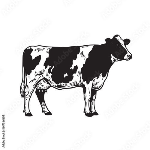 Black and white illustration of a Holstein cow standing in profile on a white background cattle