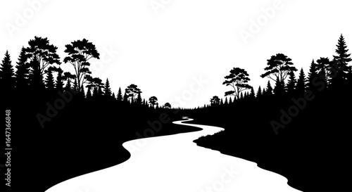 serene river winding through a lush forest black and white silhouette for nature eco and travel designs