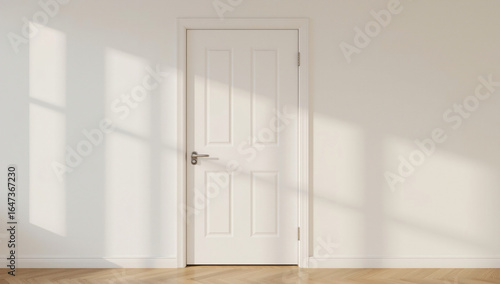 Photorealistic closed white wooden bedroom door in a sleek modern urban apartment with soft lighting and minimalist interior style