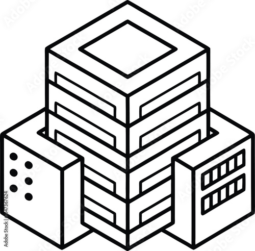 Isometric Line Drawing Of Server Racks With Side Units computer technology