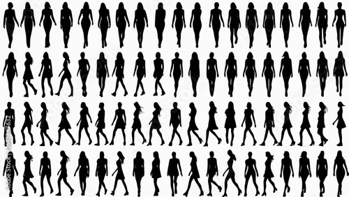 Silhouette collection of women walking in various poses and outfits in a black and white composition