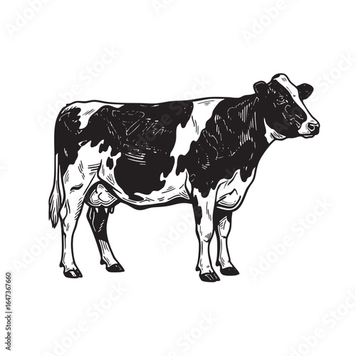 Black and white sketch of a Holstein Friesian cow standing in profile on a white background cattle