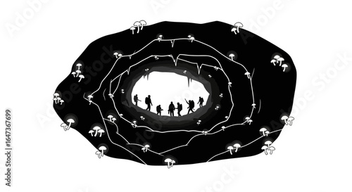 exploring the unknown a silhouette of hikers entering a mysterious cave system illuminated by glowing mushrooms perfect for adventure exploration and discovery themed projects