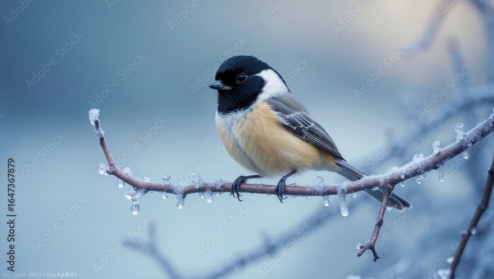 Obraz premium A small bird perched on a frosty branch with ice droplets, showcasing nature's winter scene.