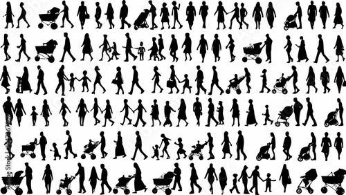 Collection of silhouette figures depicting people walking and interacting with each other and strollers