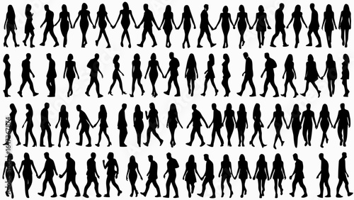 Silhouettes of people walking and holding hands in various poses and orientations in a group formation