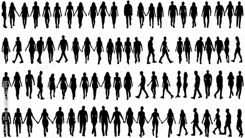 Silhouettes of people walking and holding hands in rows creating a dense and diverse group of figures