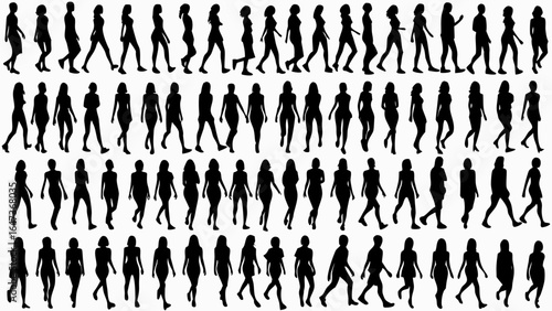 Silhouettes of women walking in various poses and outfits arranged in a grid pattern on a white background