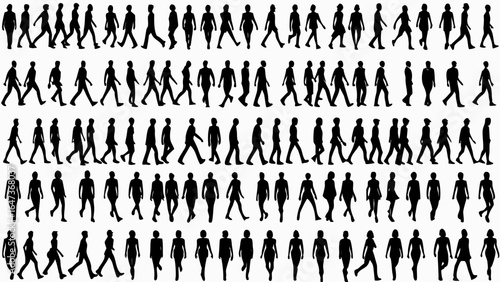 Black silhouettes of people walking in rows on a white background depicting pedestrian movement patterns