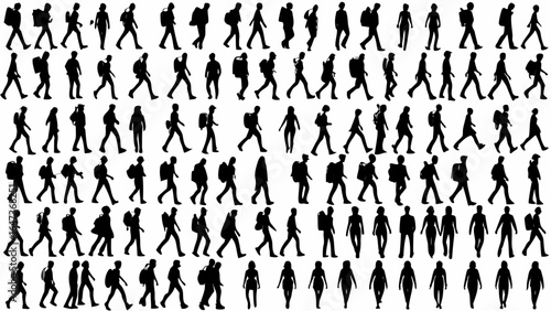 Silhouette crowd of people walking and standing in various poses and with different types of backpacks