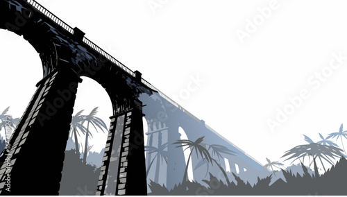 A long bridge stretches across a tropical landscape with palm trees and a hazy sky in the background view |  editable eps vectors silhouette