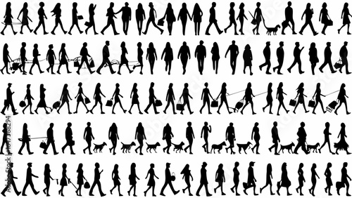 Silhouettes of people walking with luggage bags and dogs in a repetitive pattern on a white background