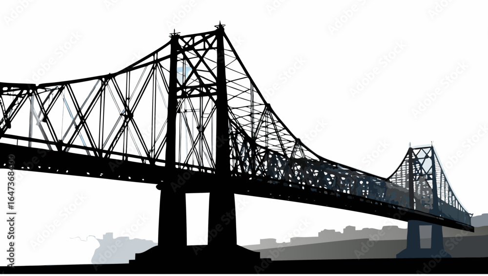 Fototapeta premium Silhouette of a cantilever bridge with intricate truss structure against a white background landscape view | editable eps vectors