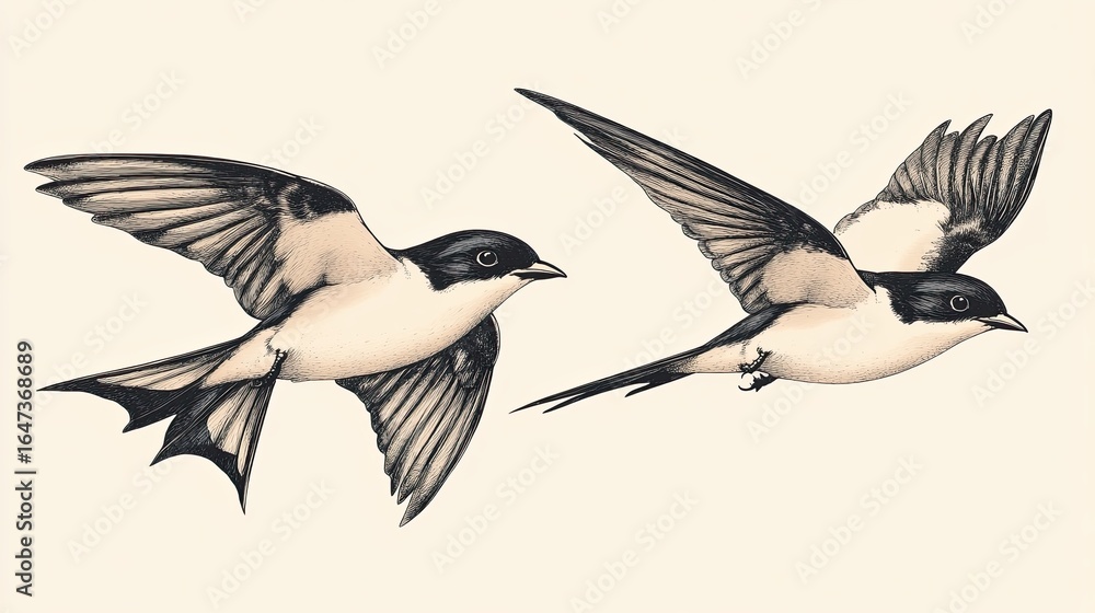 Fototapeta premium flying swallows isolated on colored background.