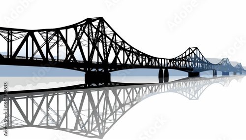 Silhouette of a long steel bridge with intricate latticework reflected in the water below it in black |  editable eps vectors
