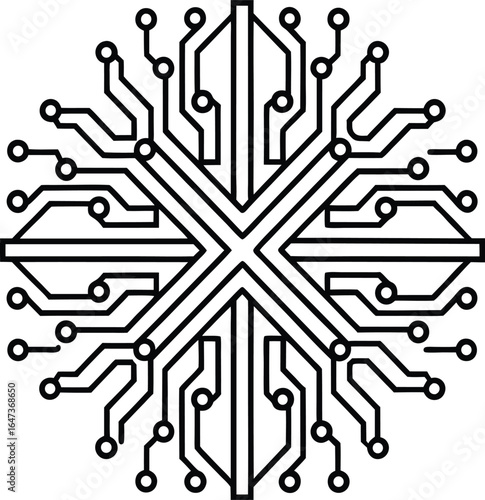 Abstract circular circuit board pattern with radiating lines and nodes technology