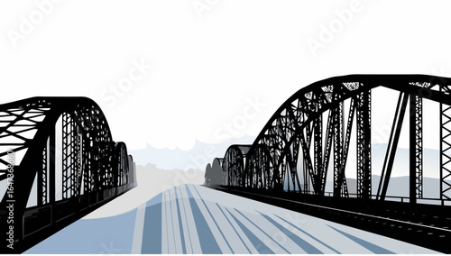 A view down the road with multiple black bridges over it receding into the distance in monochrome style |  editable eps vectors silhouette