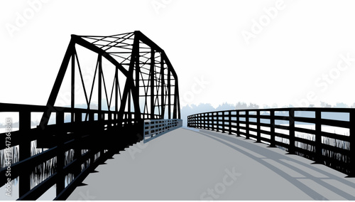 Perspective view of a black steel bridge spanning a body of water under a bright white sky horizon line |  editable eps vectors silhouette
