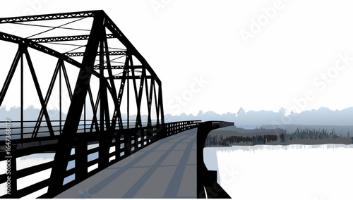 Silhouette of a metal truss bridge spanning a body of water with a foggy background landscape view |  editable eps vectors