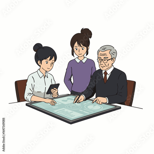 An inclusive, intergenerational business team utilizes cutting-edge technology to collaboratively analyze data and drive corporate social responsibility initiatives.