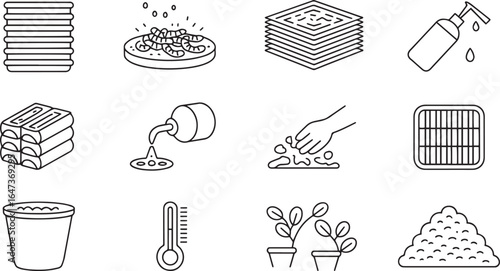 Black outline icons for gardening and composting worms soil