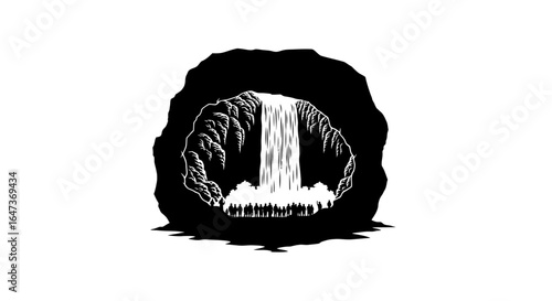 hidden waterfall a dramatic black and white illustration perfect for travel brochures adventure book covers and inspiring wall art evoking a sense of wonder and exploration