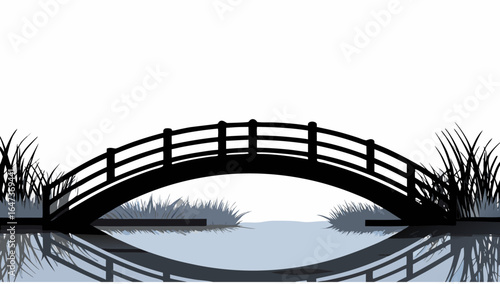 Silhouette of an arched bridge over water with reflections and reeds on either side against a white background |  editable eps vectors
