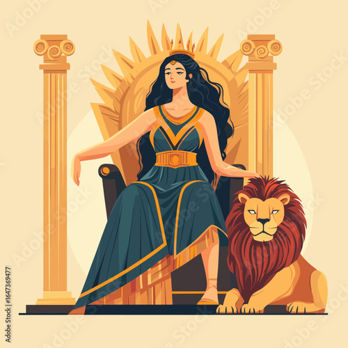 Majestic Queen on Throne with Lion
