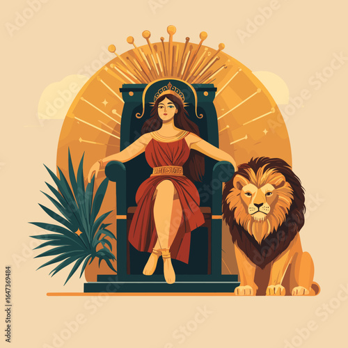 Majestic Queen on Throne with Lion