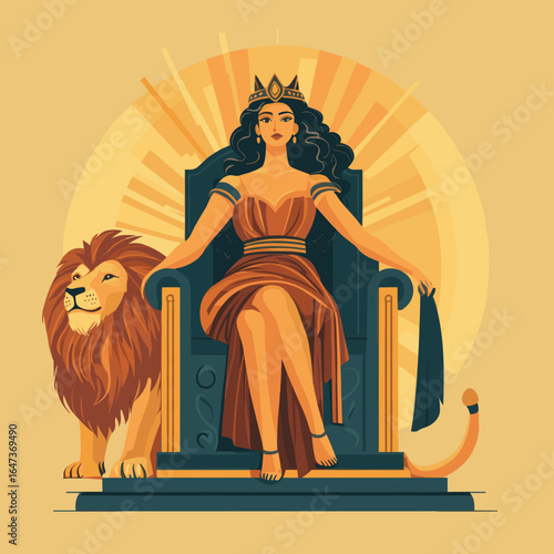 Majestic Queen on Throne with Lion