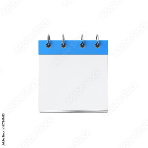 Blank calendar page with blue top and spiral binding isolated on transparent background