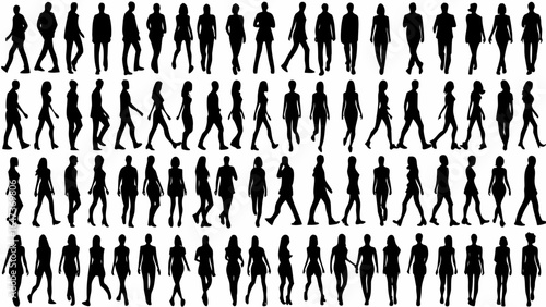 Silhouette representations of diverse people walking in various poses and styles on a white background