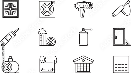 Black outline icons of construction tools and materials vector