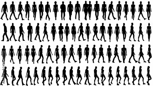 Silhouettes of people walking in various poses and styles forming a large group of diverse individuals