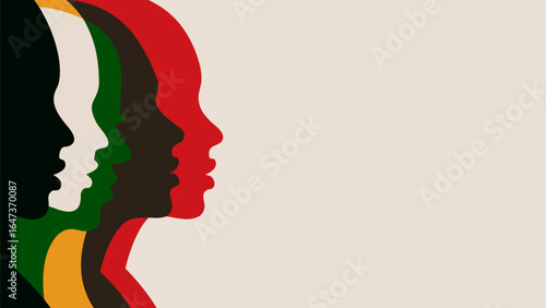 Colorful silhouettes of diverse faces in profile against a light beige background art illustration