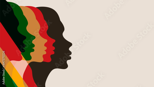 Silhouette profiles of diverse individuals in black history month colors celebration design art vector