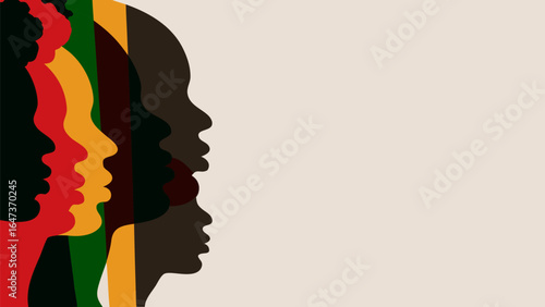 Diverse profiles in red, yellow, green, brown, and black hues on a light beige background image art