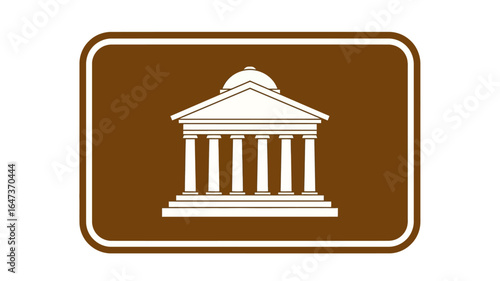 Brown Sign Depicting a Building with Columns Signage for Public Spaces and Historical Landmarks