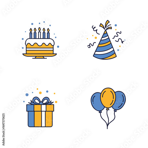 Party set cake, hat, gift, balloons
