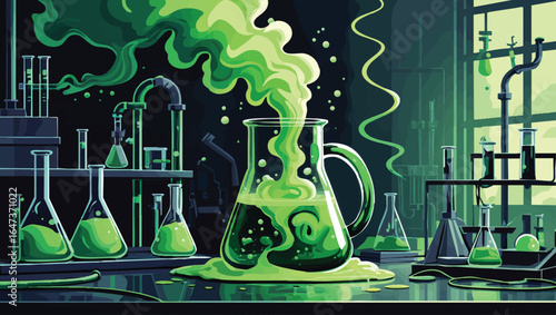 Vintage Science Experiment: Green Liquid Reaction with Smoke in a Rustic Lab