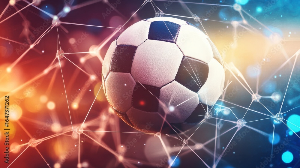 Naklejka premium Futuristic depiction of football with network connections and bokeh lights