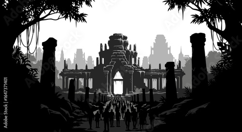 journey through time a silhouette of people walking towards ancient ruins in a lush jungle setting perfect for adventure history and exploration themes