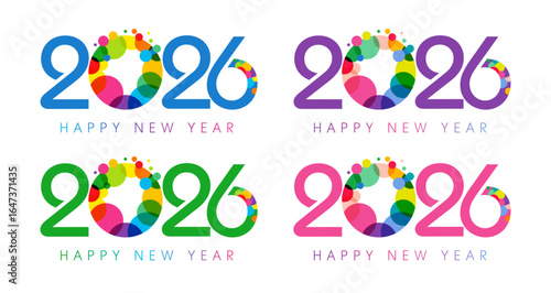 Set of New Year digital icons with abstract colorful elements and isolated clipping mask. Happy New Year 2026 graphic concept with creative Christmas ball. Blue, purple, green and pink collection.