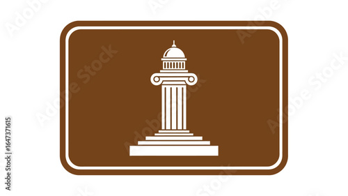 Brown sign with a depiction of a classical pillar or column with a decorative top, a travel or historical site marker.