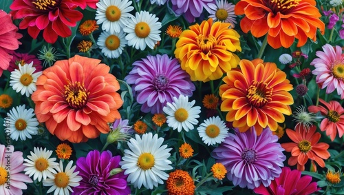 A vibrant collection of colorful flowers including daisies, zinnias, and marigolds in shades of orange, purple, pink, and white.