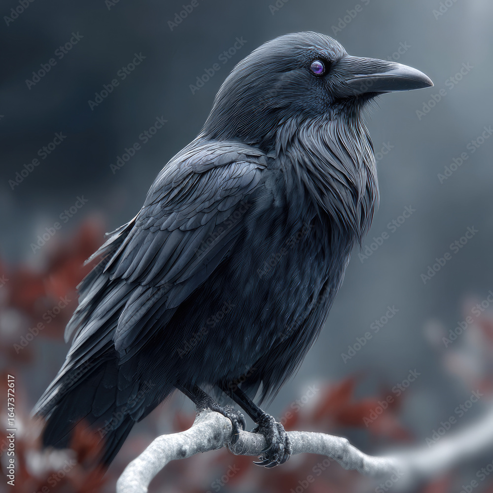 Fototapeta premium Black raven bird perched on branch with detailed feathers