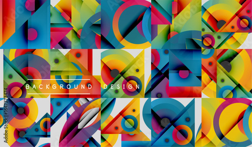 Abstract geometric patterns, vibrant colors, squares overlap creating dynamic visual texture. Background design elements present.
